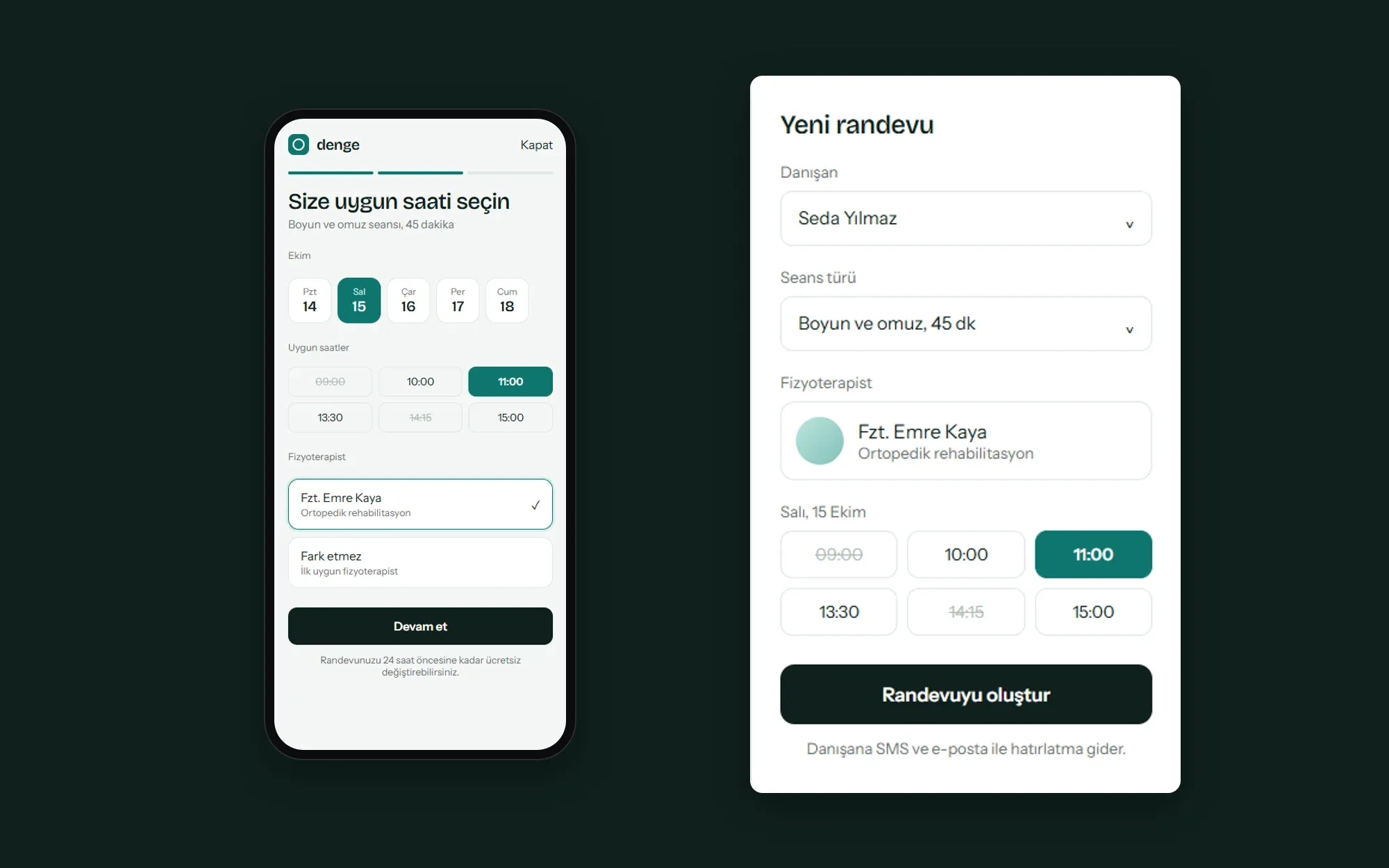 Danışanın saat seçtiği mobil ekran ve kliniğin yeni randevu paneli