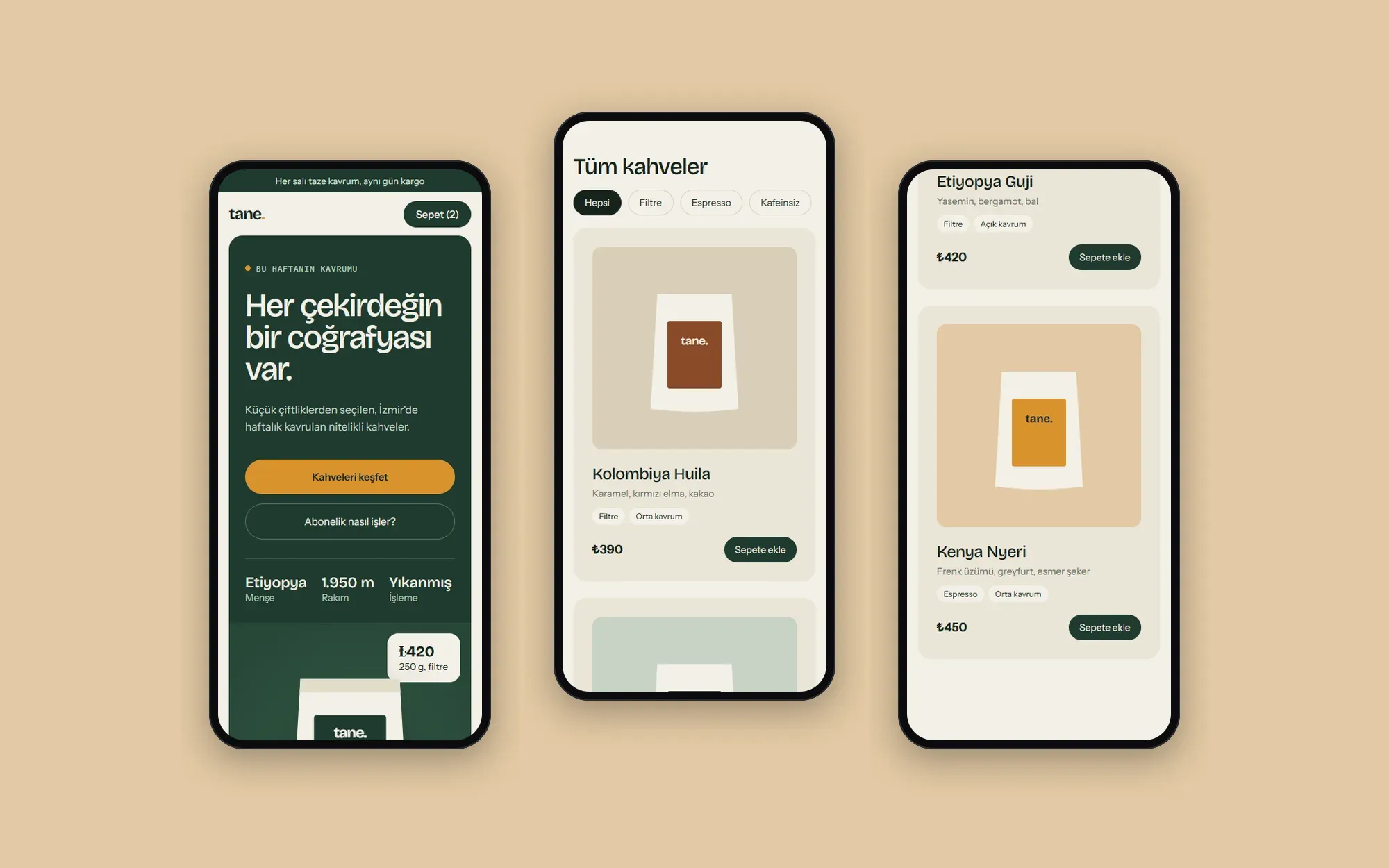 Mağazanın mobilde üç ekranı: ana sayfa, ürün listesi ve ürün kartları